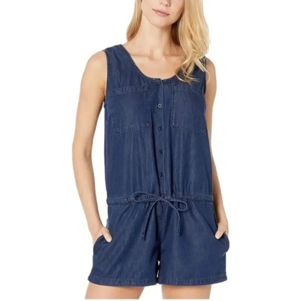 Mavi Women's Krista Rinse‎ Light Denim Romper Size SM Button Down Tie Waist Y2K